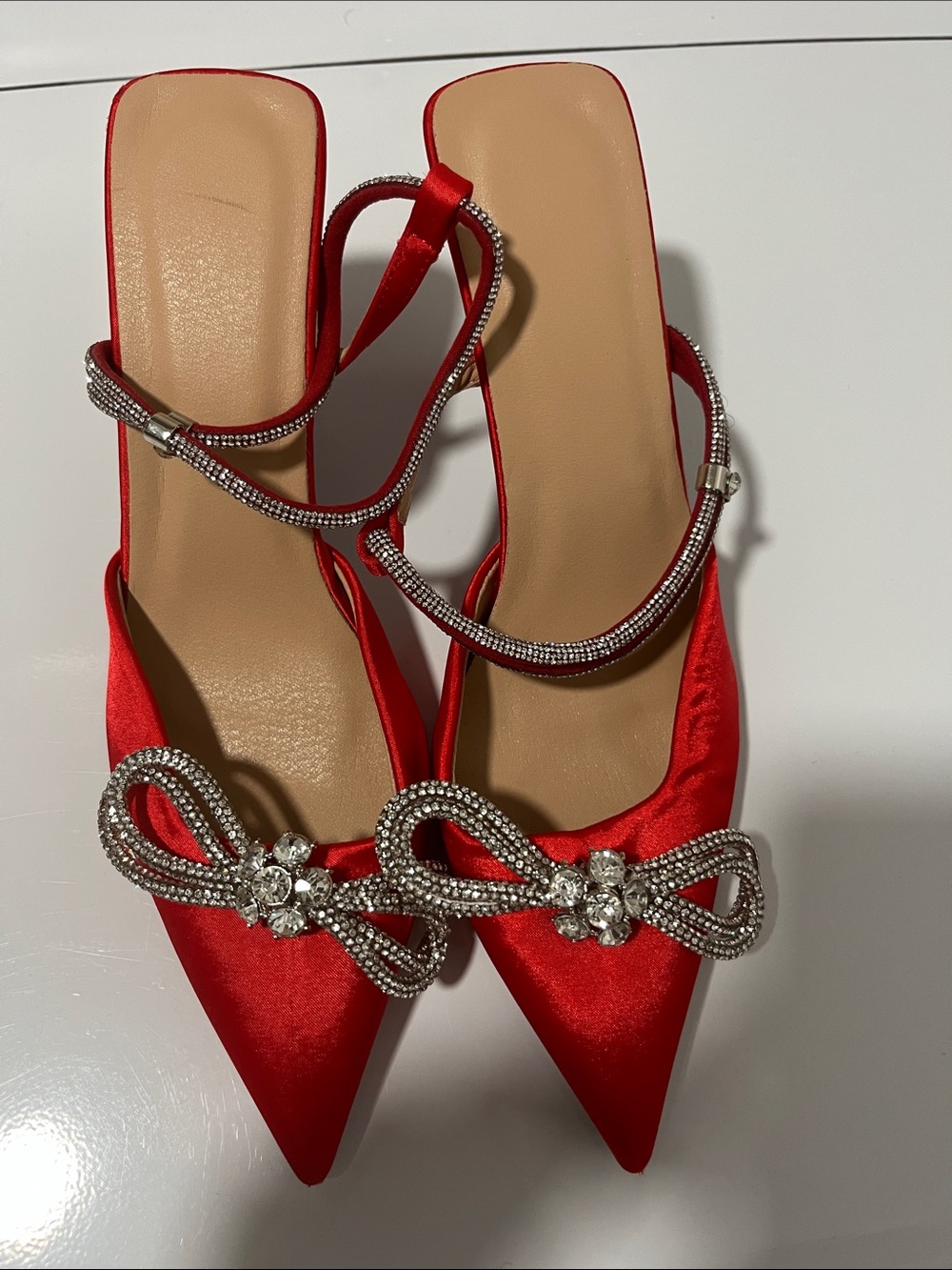 Red Satin Pointed Toe Slingback Heels with Crystal Bow